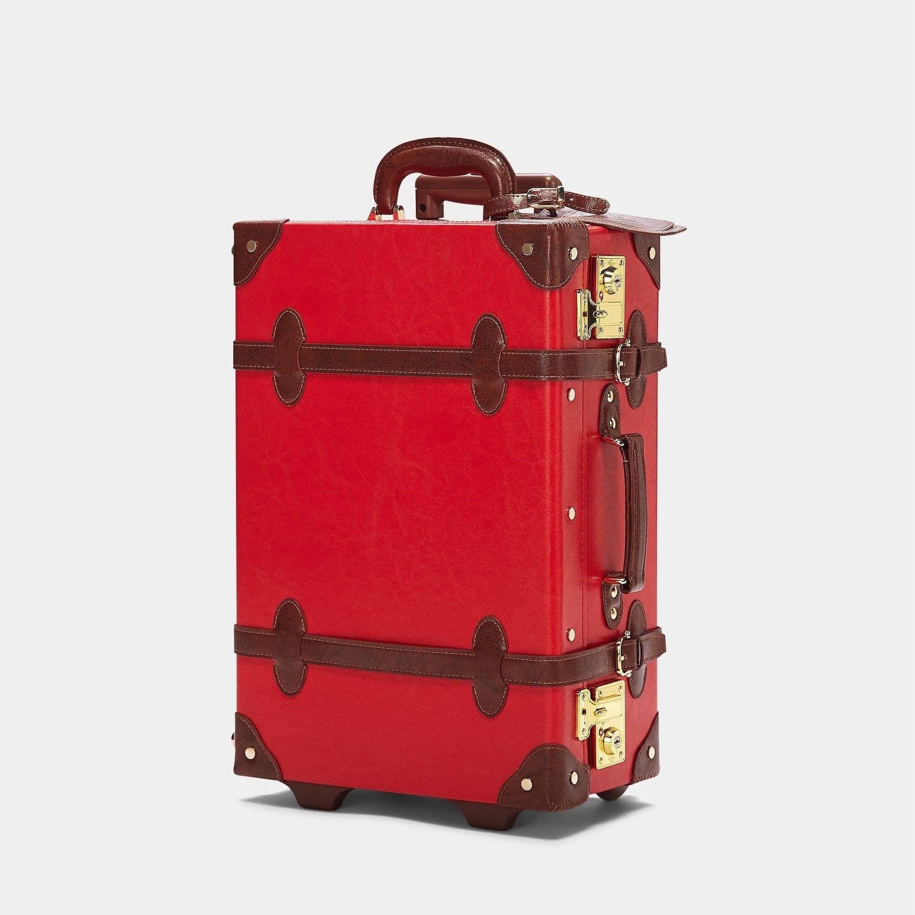 Angled product view of the carry-on Entrepreneur vegan leather suitcase in red