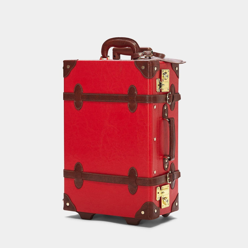 Angled product view of the carry-on Entrepreneur vegan leather suitcase in red
