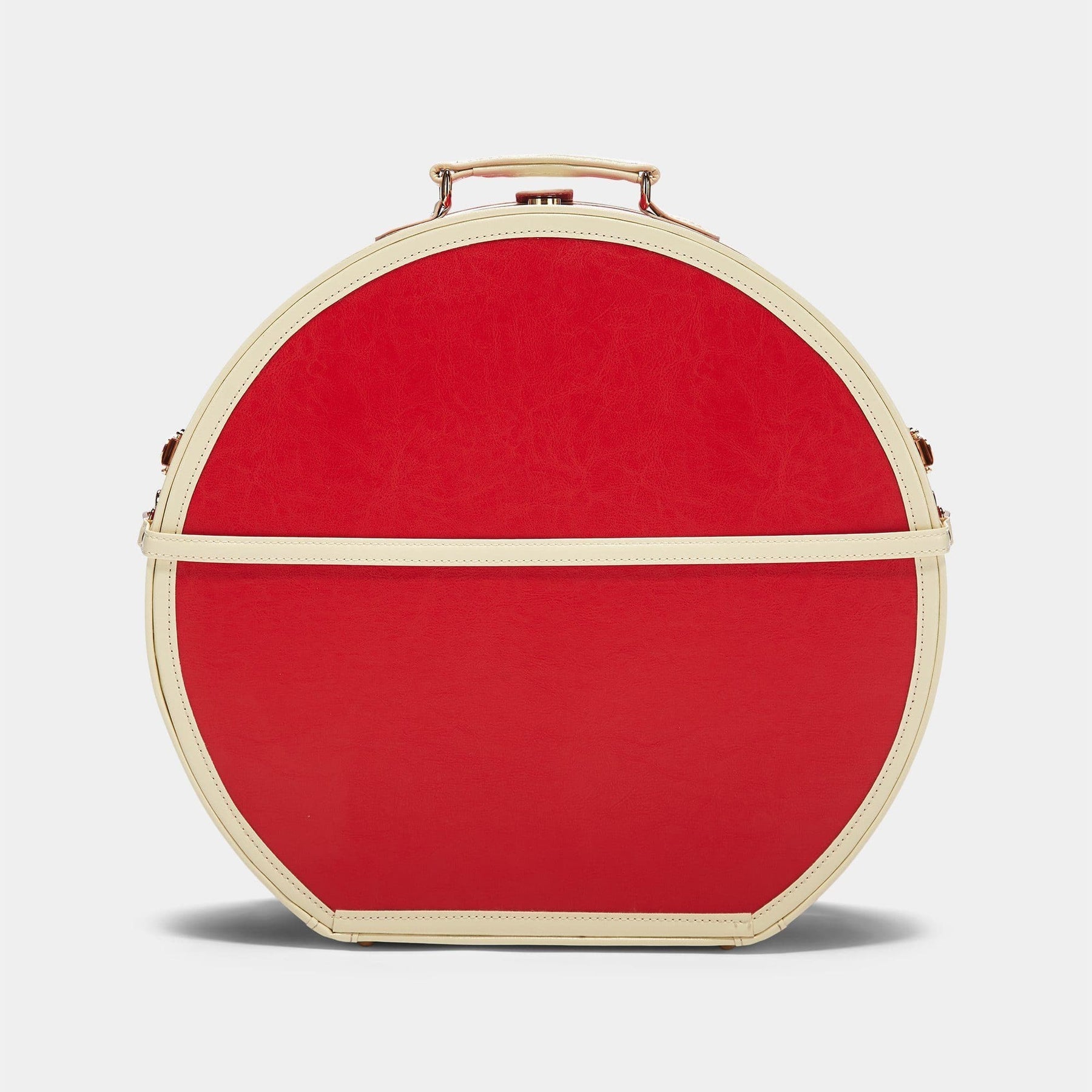 Back product view of the deluxe hatbox Entrepreneur vegan leather suitcase in lipstick red with detachable suitcase strap