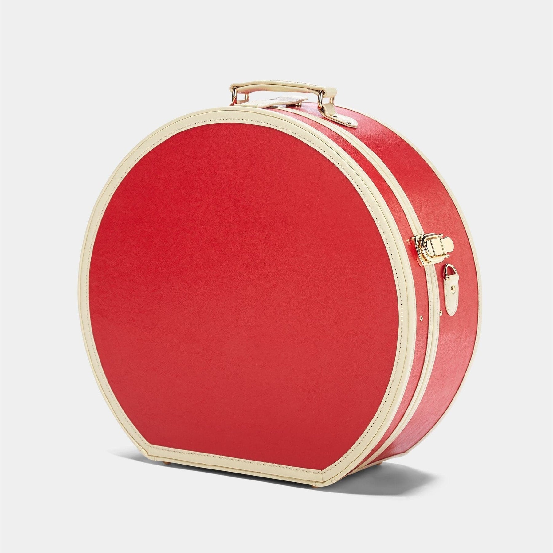 Angled product view of the deluxe hatbox Entrepreneur vegan leather suitcase in lipstick red 
