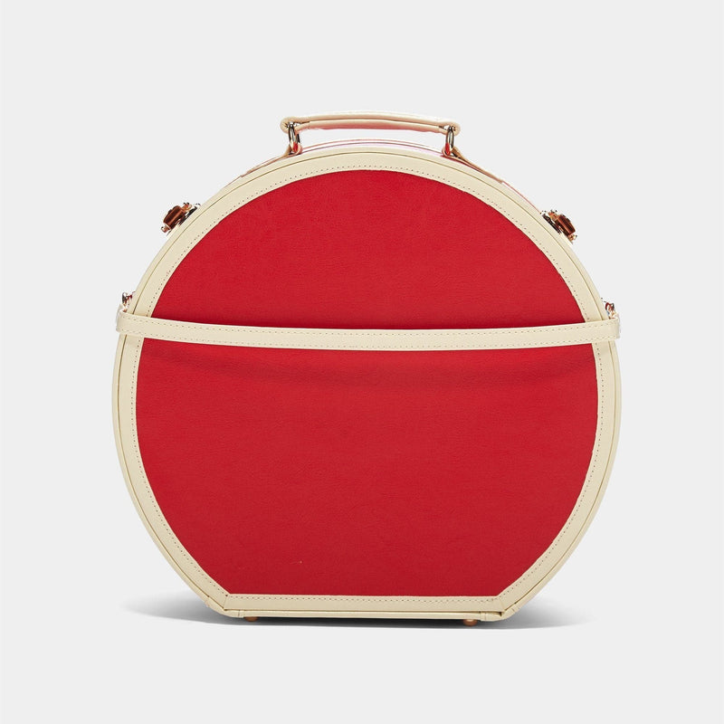 Back product view of the large hatbox Entrepreneur vegan leather suitcase in lipstick red with detachable suitcase strap