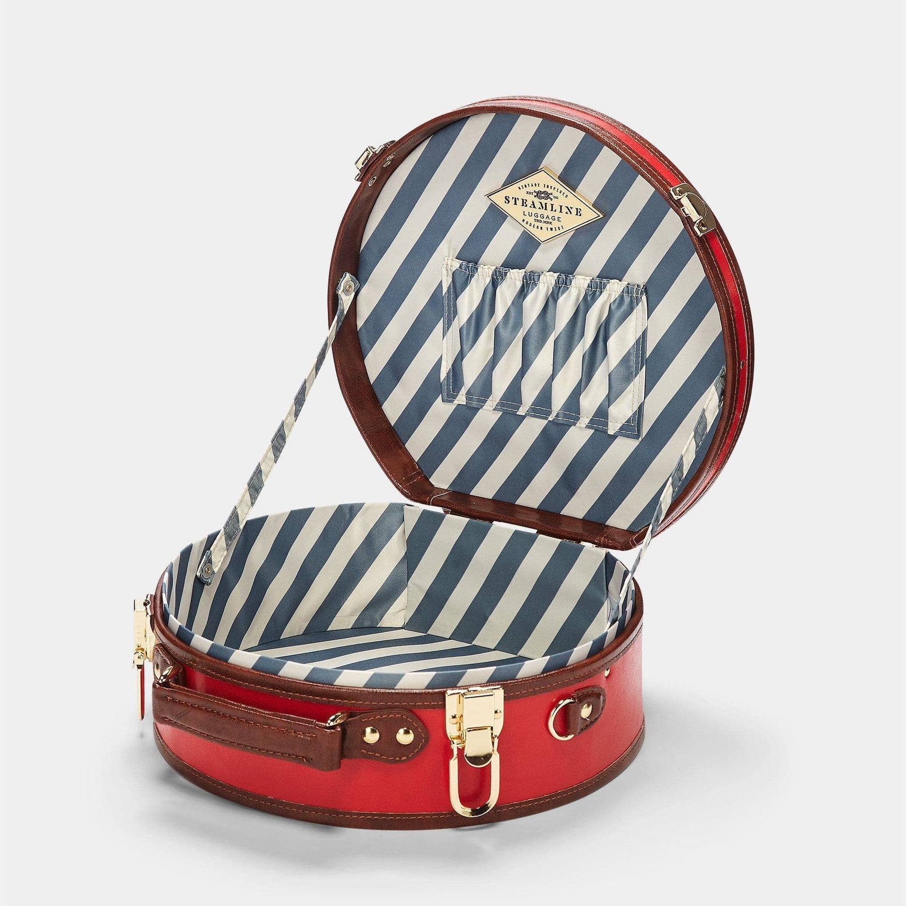 Open product view of the small hatbox Entrepreneur vegan leather suitcase in red with blue-white stripe print lining