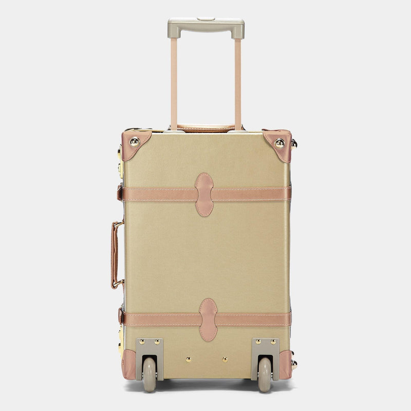 Back product view of the carry-on Alchemist vegan leather suitcase in gold with raised handle