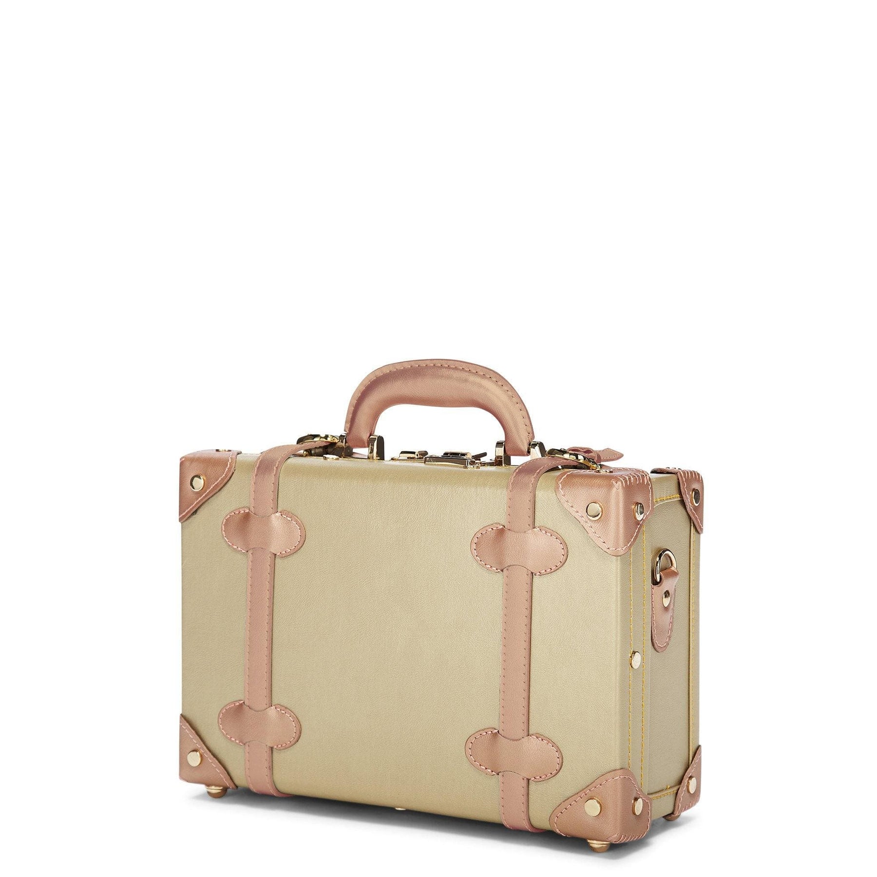 Angled product view of the vanity Alchemist vegan leather suitcase in  gold 