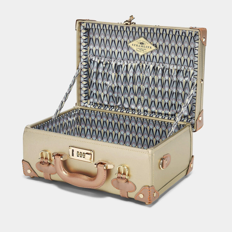 Open product view of the briefcase Alchemist vegan leather suitcase in gold with art-deco print lining