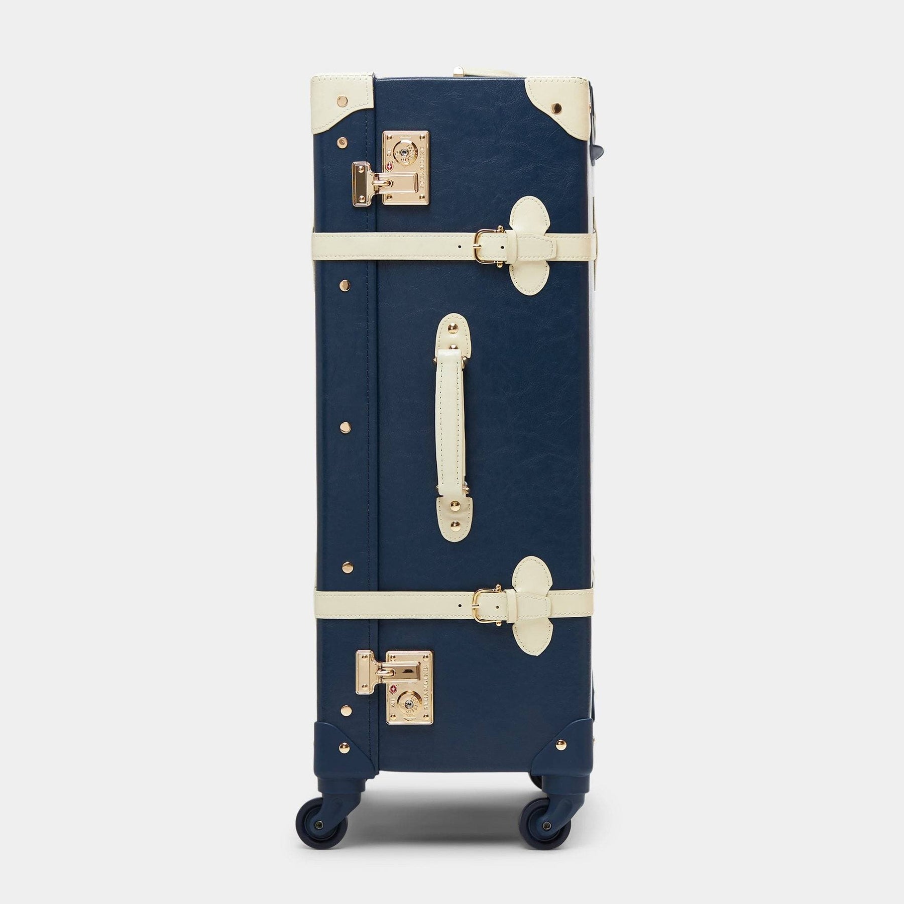 Side product view of the check-in spinner Entrepreneur vegan leather suitcase in navy