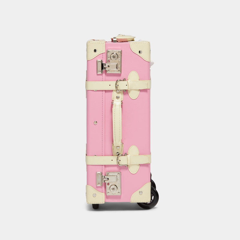 Side product view of the carry-on Entrepreneur vegan leather suitcase in pink