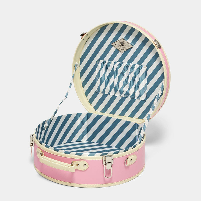 Open product view of the large hatbox Entrepreneur vegan leather suitcase in pink with blue-white stripe print lining