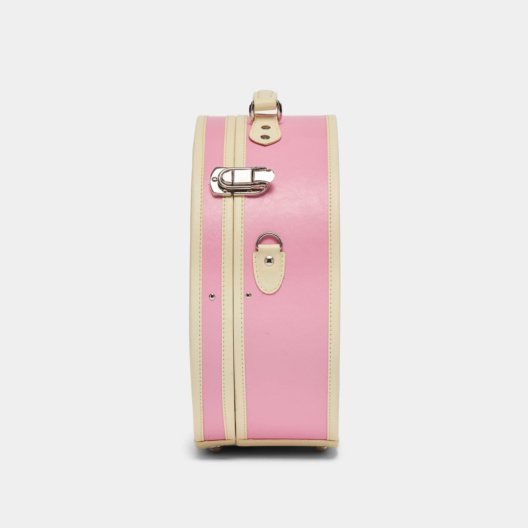 Side product view of the large hatbox Entrepreneur vegan leather suitcase in pink