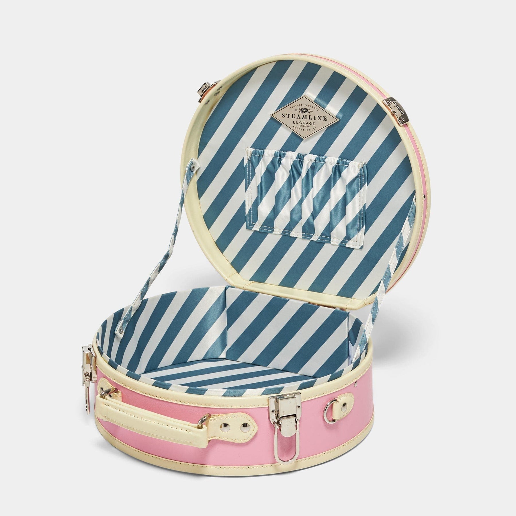 Open product view of the small hatbox Entrepreneur vegan leather suitcase in pink with blue-white stripe print lining