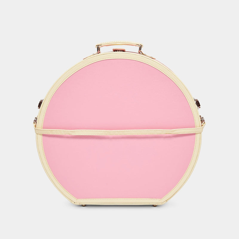 Back product view of the deluxe hatbox Entrepreneur vegan leather suitcase in pink with detachable suitcase strap