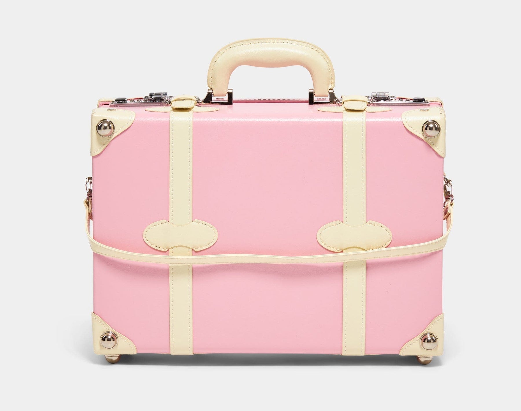 Back product view of the overnighter Entrepreneur vegan leather suitcase in pink with detachable suitcase strap