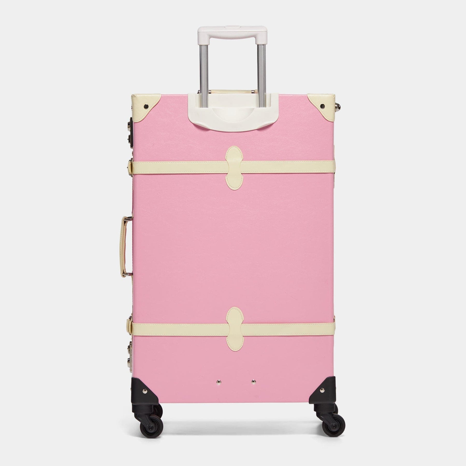 Back product view of the check-in spinner Entrepreneur vegan leather suitcase in pink with raised handle