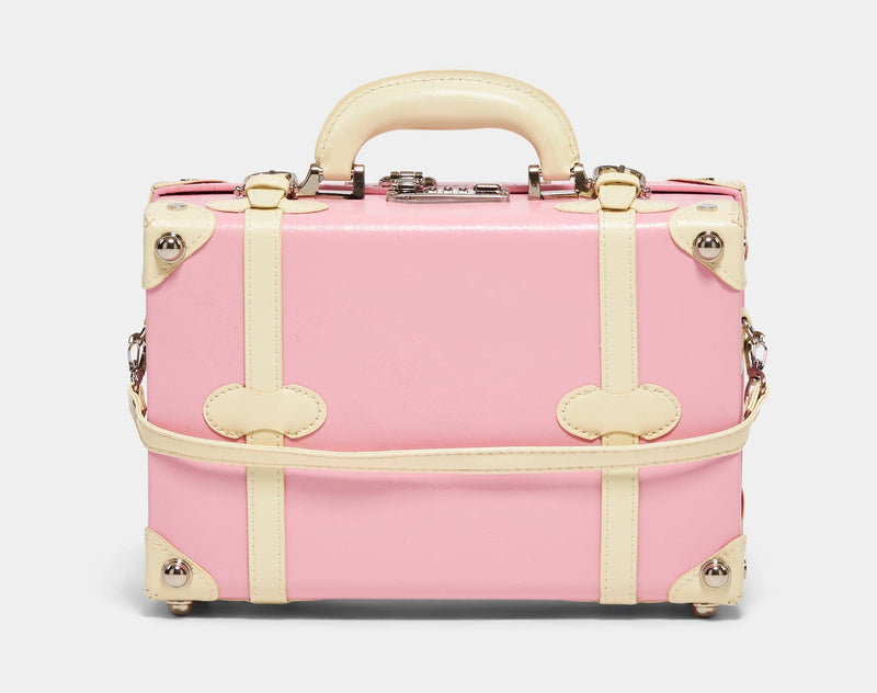 Back product view of the vanity Entrepreneur vegan leather suitcase in pink with detachable suitcase strap