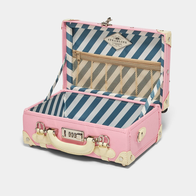 Open product view of the vanity Entrepreneur vegan leather suitcase in pink with blue-white stripe print lining