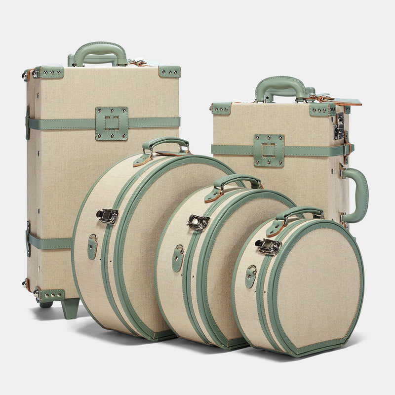 Designer luggage set of The Editor linen suitcase with sea green trims